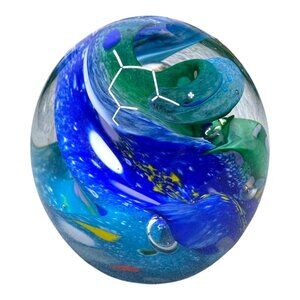 Jim Karg Aquatone Blown Art Glass Paperweight Wave Ocean Blue & Green Design 3"